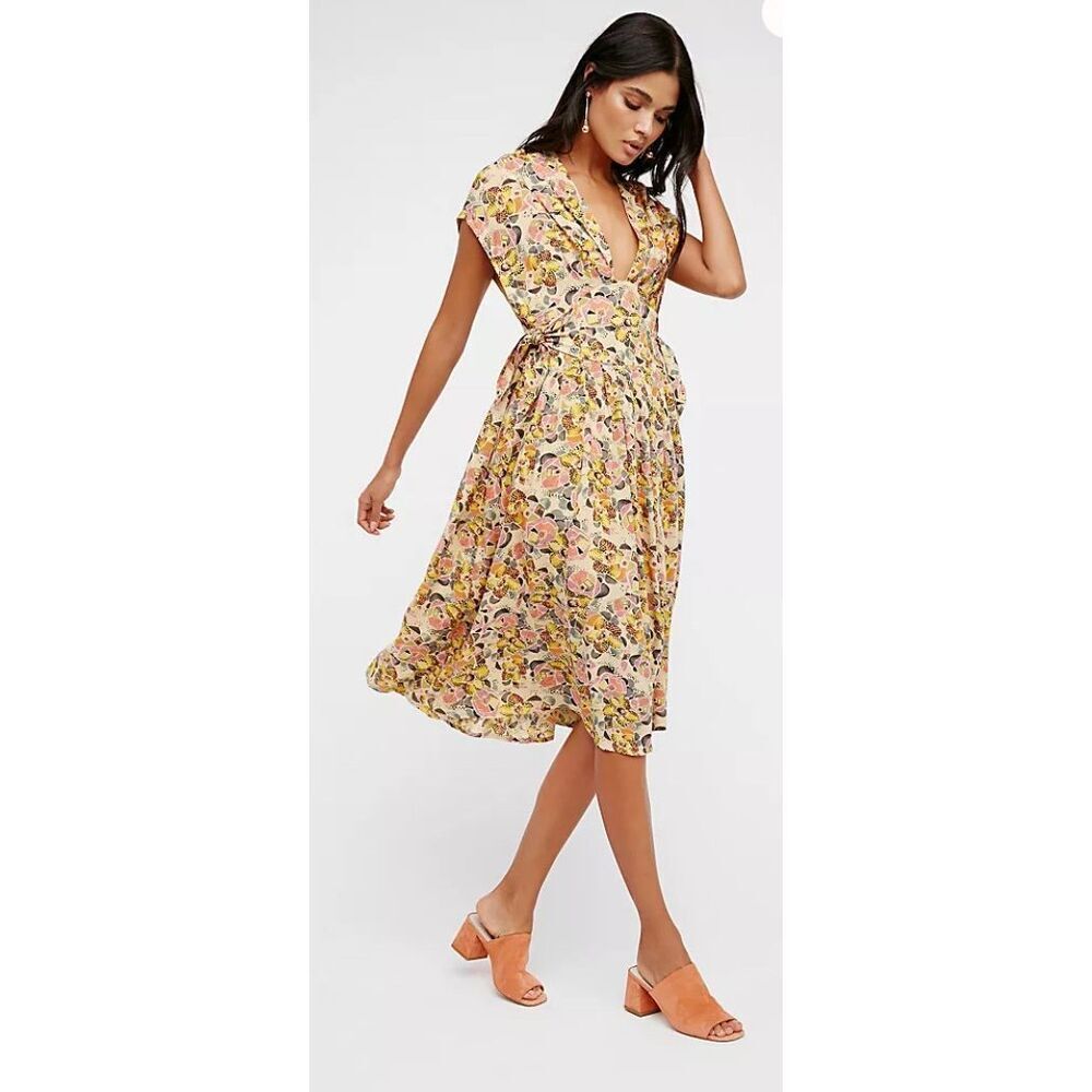 FREE PEOPLE SZ XS FITTING IN FLORAL PRINTED SIDE TIE MIDI DRESS ALMOND